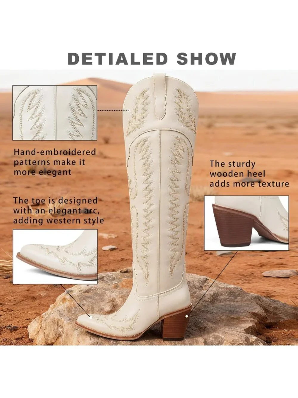Women's Beige Embroidered Pointed Toe Western Cowgirl Over The Knee High Boots
